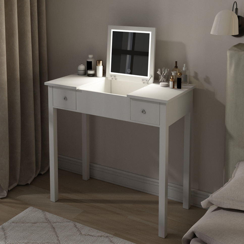 Chic White Vanity Table With Led Lights, Flip Top Mirror And 2 Drawers, Jewelry Storage For Women Dressing White Mdf