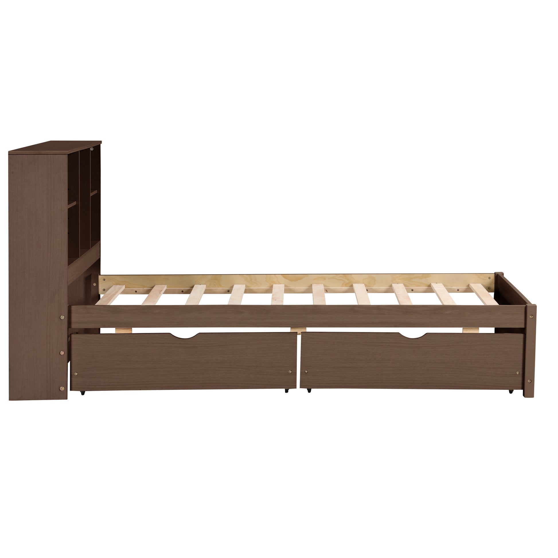 Modern Twin Size Bed Frame With Built In Usb Port On Bookcase Headboard And 2 Drawers For Walnut Color Box Spring Not Required Twin Walnut Bedroom Bed Frame Particle Board
