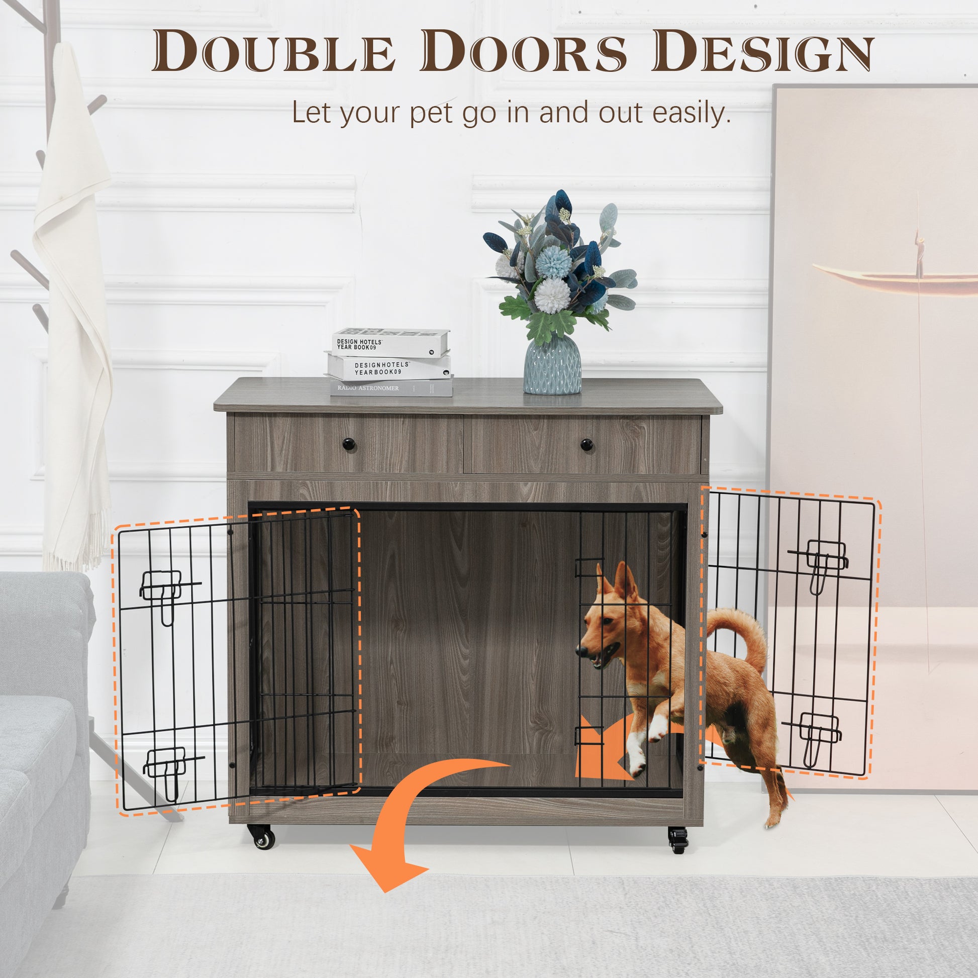 Dog Crate Furniture, Wooden Dog Crate End Table, 38.4 Inch Dog Kennel With 2 Drawers Storage, Heavy Duty Dog Crate, Decorative Pet Crate Dog Cage For Large Indoor Use Grey 38.4" L 23.2" W 35" H Grey Mdf Steel