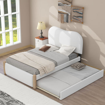 Twin Size Upholstered Platform Bed With Wood Supporting Feet And Twin Size Trundle, White Box Spring Not Required Twin White Wood Bedroom Bed Frame Upholstered