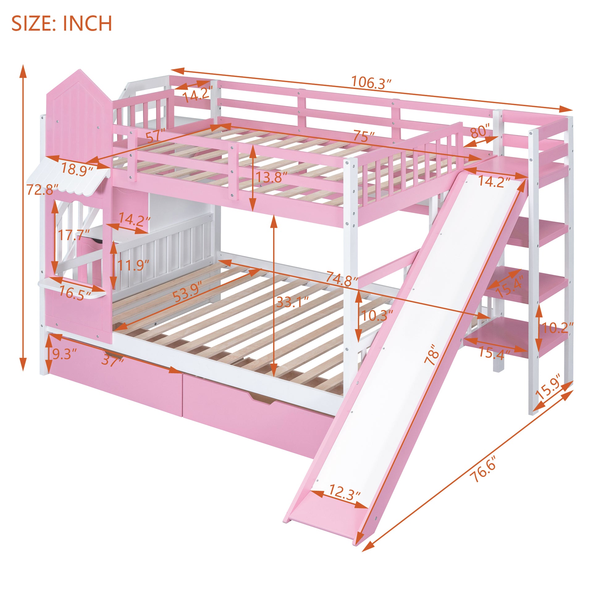 Full Over Full Castle Style Bunk Bed With 2 Drawers 3 Shelves And Slide Pink Pink Solid Wood