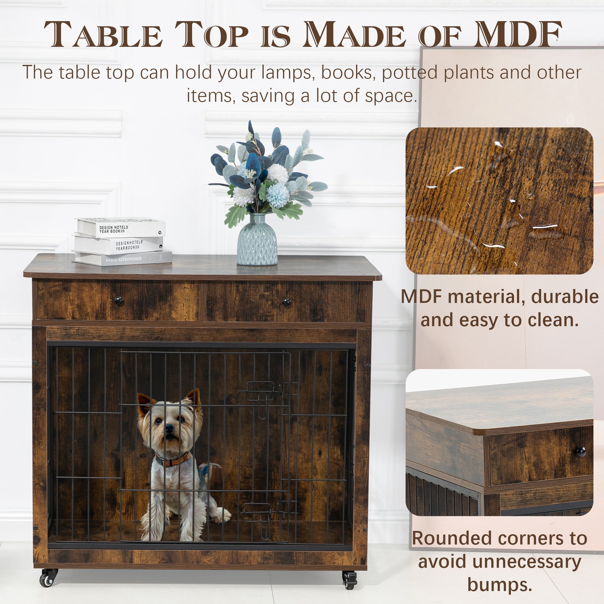 Dog Crate Furniture, Wooden Dog House, Decorative Dog Kennel With Drawer, Indoor Pet Crate End Table For Small Dog, Steel Tube Dog Cage, Chew Proof, Rustic Brown 31.7" L 23.2" W 33" H Brown Mdf Steel