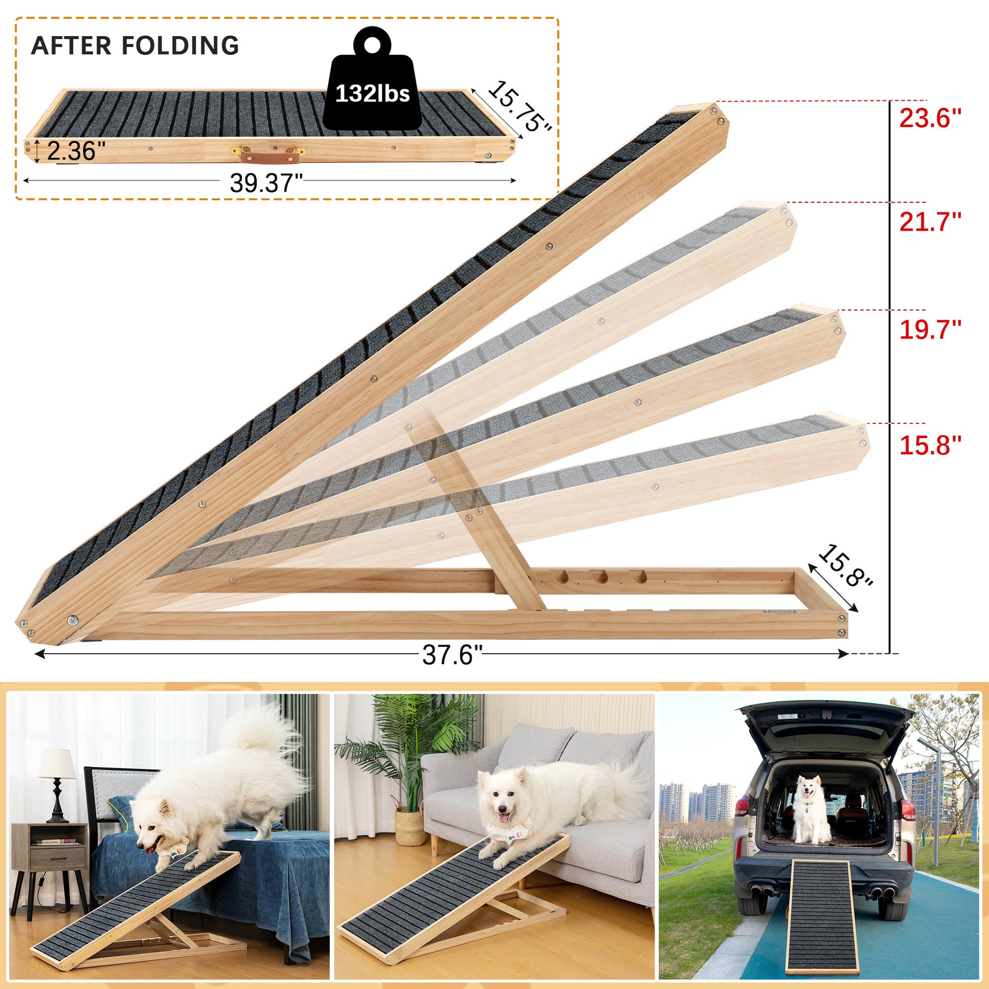 39" Long Wooden Pet Ramp, Folding Dog Cat Ramp With Height Adjustment From 15.8" To 23.6" And Non Slip Mat For Bed Couch, Natural Natural Wood