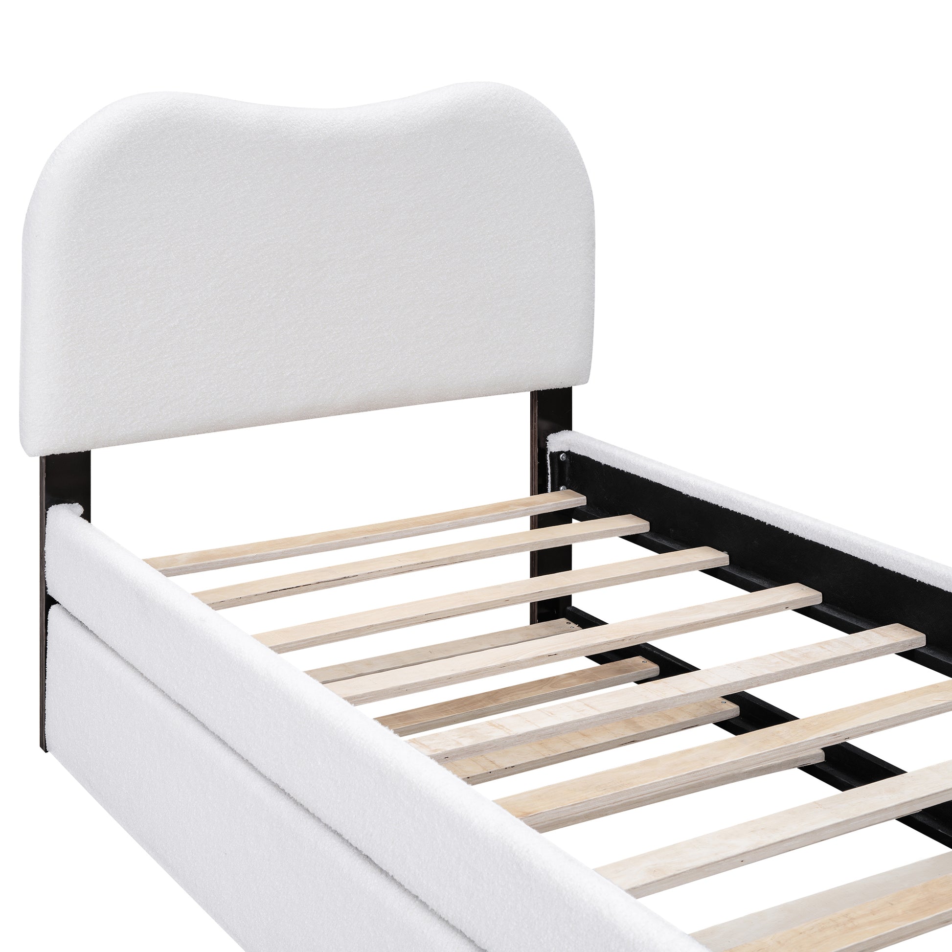 Twin Size Upholstered Platform Bed With Wood Supporting Feet And Twin Size Trundle, White Box Spring Not Required Twin White Wood Bedroom Bed Frame Upholstered