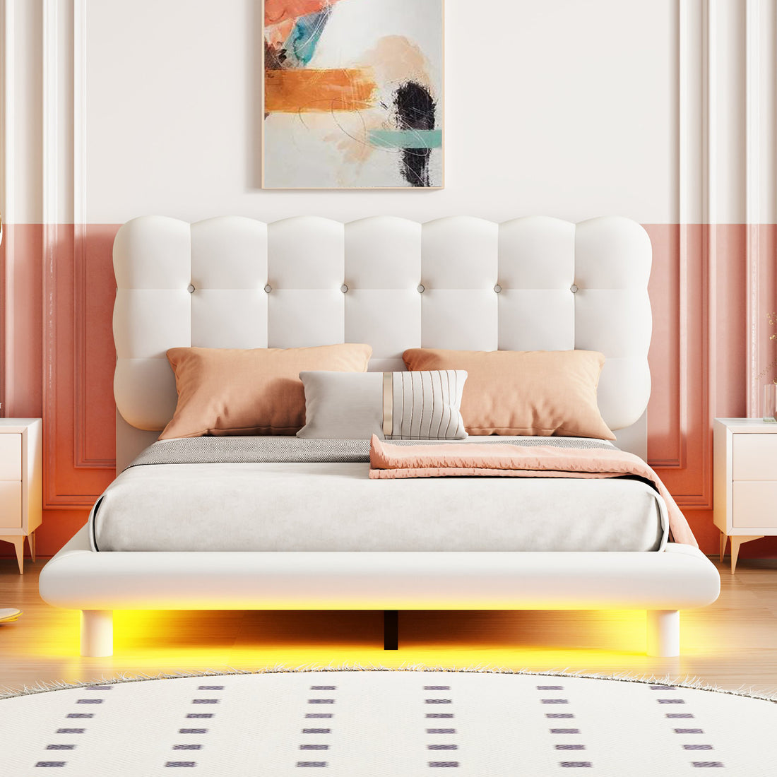 Full Size Velvet Platform Bed With Led Frame, Thick & Soft Fabric And Button Tufted Design Headboard, Beige Beige Velvet