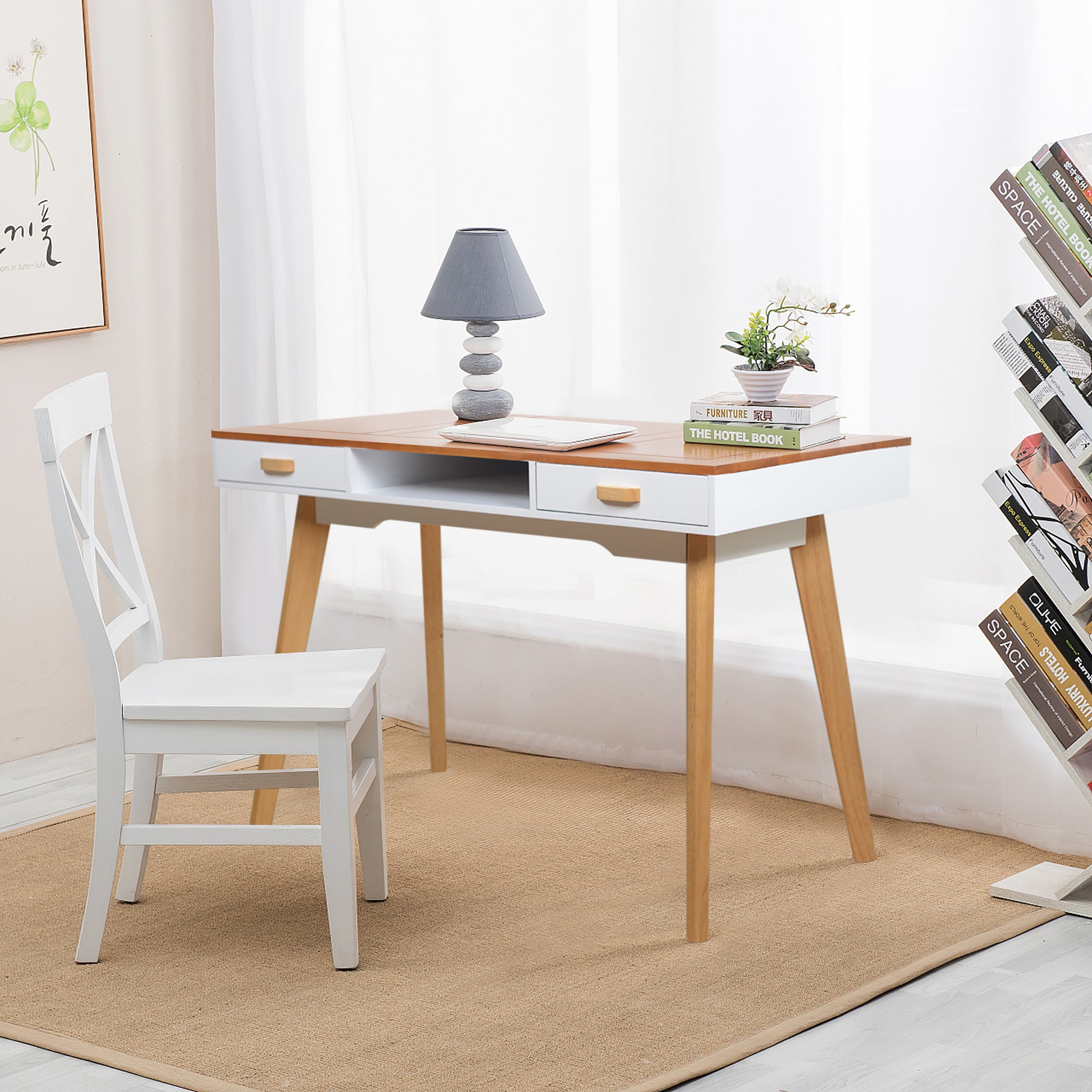 Double Drawn Solid Wood Computer Desk Natural Wood