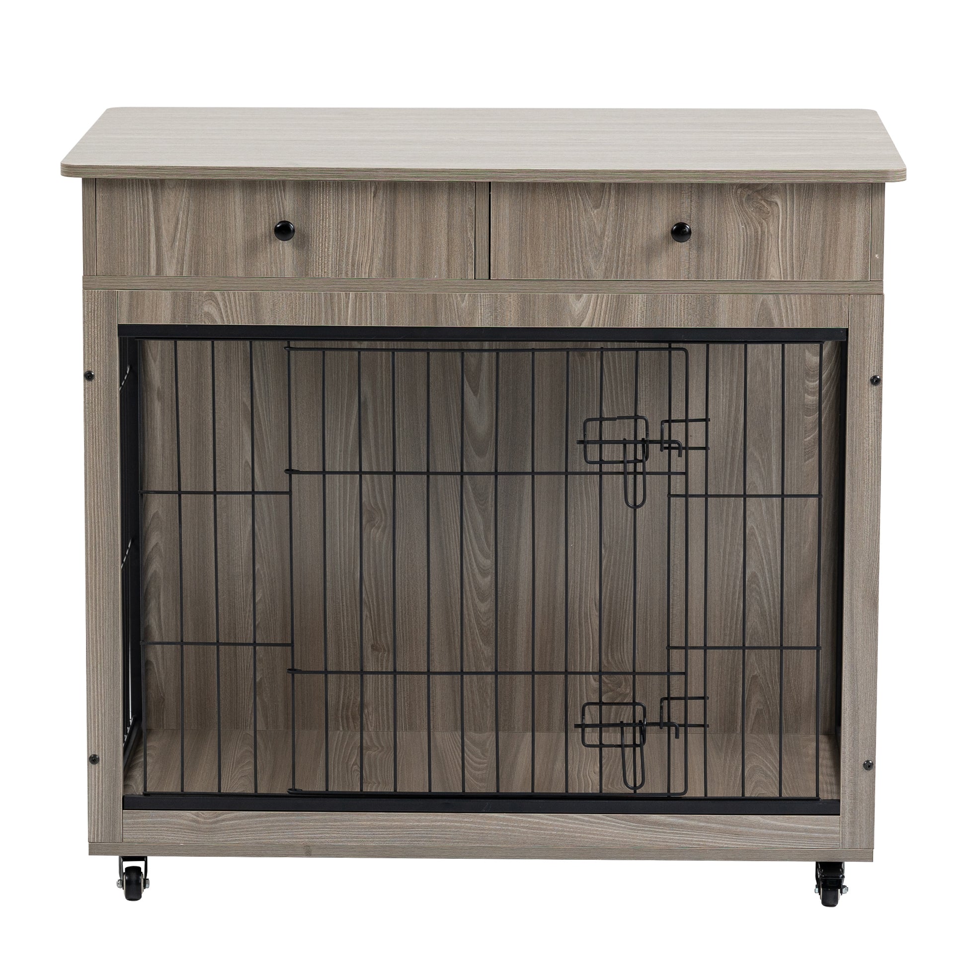 Dog Crate Furniture, Wooden Dog Crate End Table, 38.4 Inch Dog Kennel With 2 Drawers Storage, Heavy Duty Dog Crate, Decorative Pet Crate Dog Cage For Large Indoor Use Grey 38.4" L 23.2" W 35" H Grey Mdf Steel