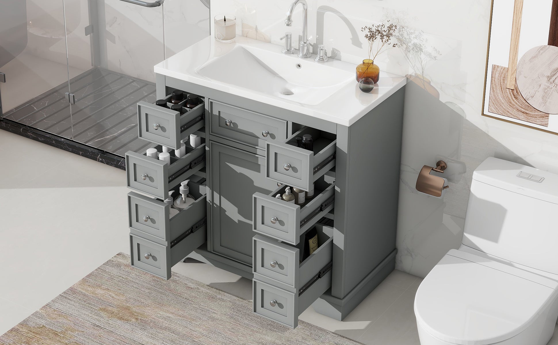 36" Bathroom Vanity With Sink Combo, One Cabinet And Six Drawers, Solid Wood And Mdf Board, Grey Grey Solid Wood Mdf