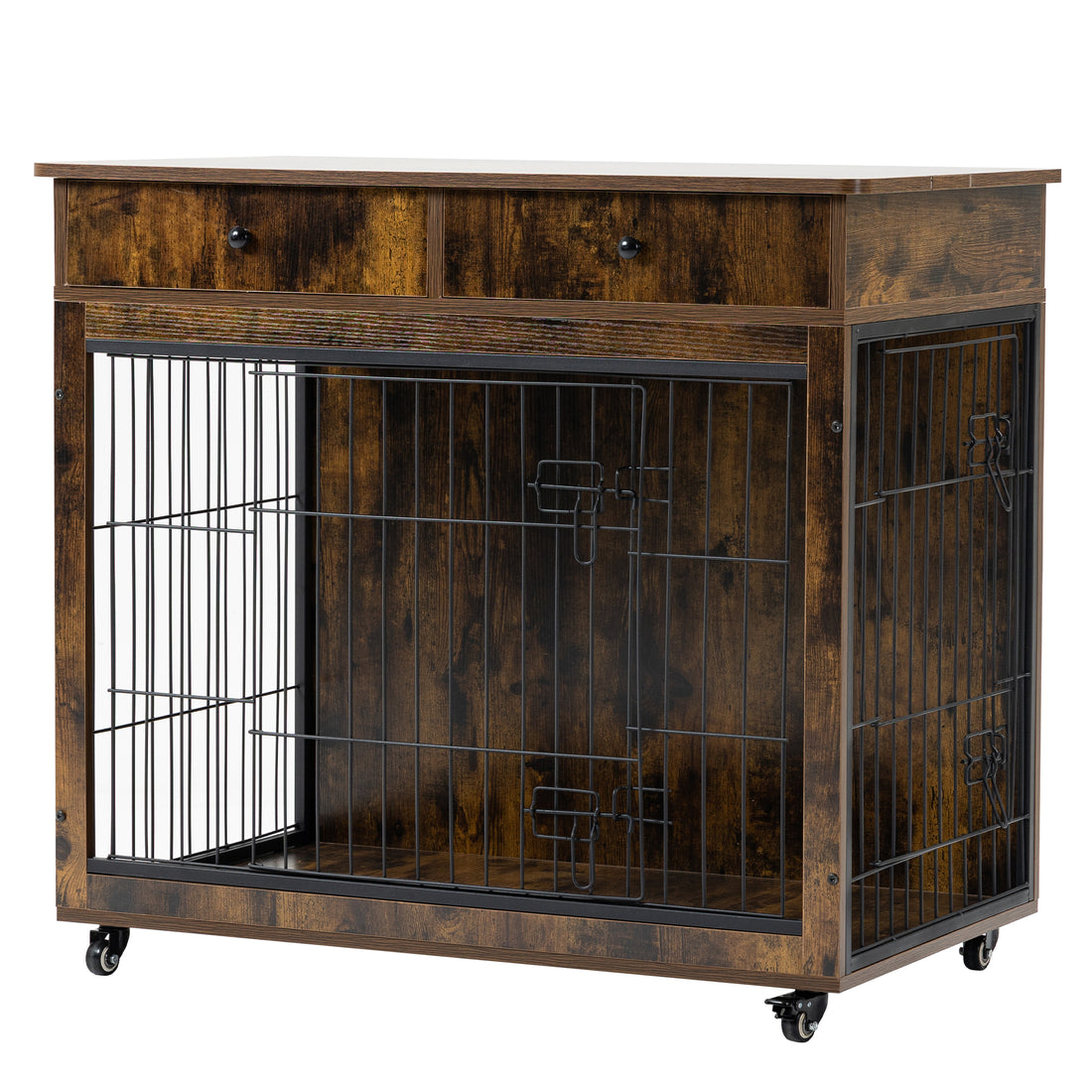 Dog Crate Furniture, Wooden Dog Crate End Table, 38.4 Inch Dog Kennel With 2 Drawers Storage, Heavy Duty Dog Crate, Decorative Pet Crate Dog Cage For Large Indoor Use Rustic Brown 38.4" L 23.2" W 35 Brown Mdf Steel