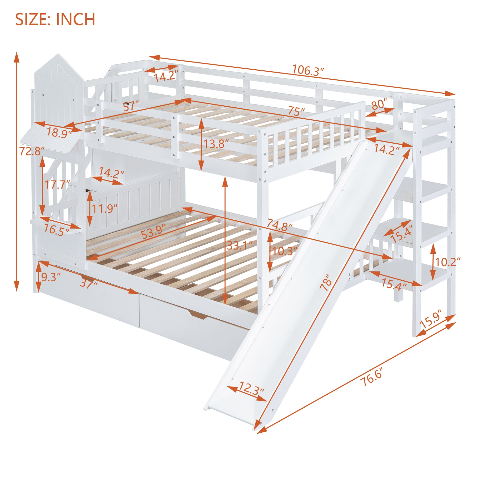 Full Over Full Castle Style Bunk Bed With 2 Drawers 3 Shelves And Slide White White Solid Wood