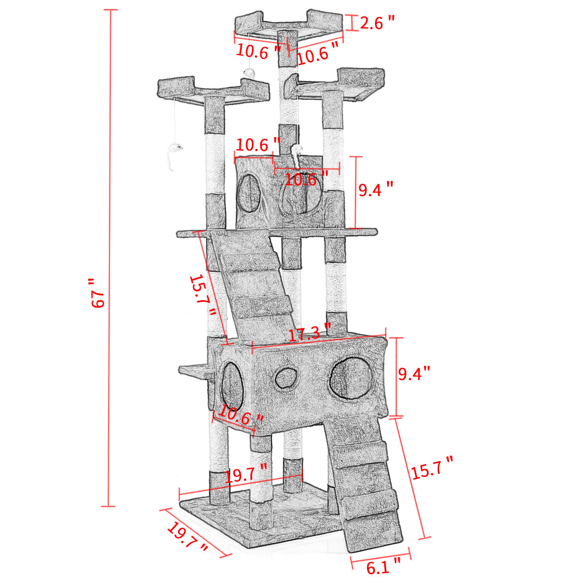 67'' Multi Level Cat Tree Tower, Kitten Condo House With Scratching Posts, Kitty Play Activity Center, Gray Grey Particle Board