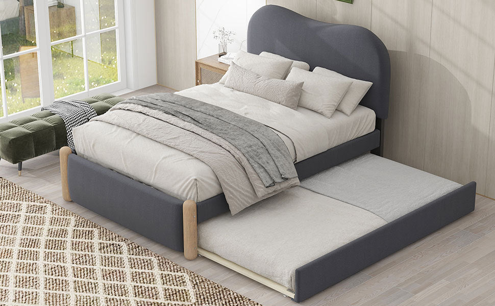 Twin Size Upholstered Platform Bed With Wood Supporting Feet And Twin Size Trundle, Gray Box Spring Not Required Twin Gray Wood Bedroom Bed Frame Upholstered