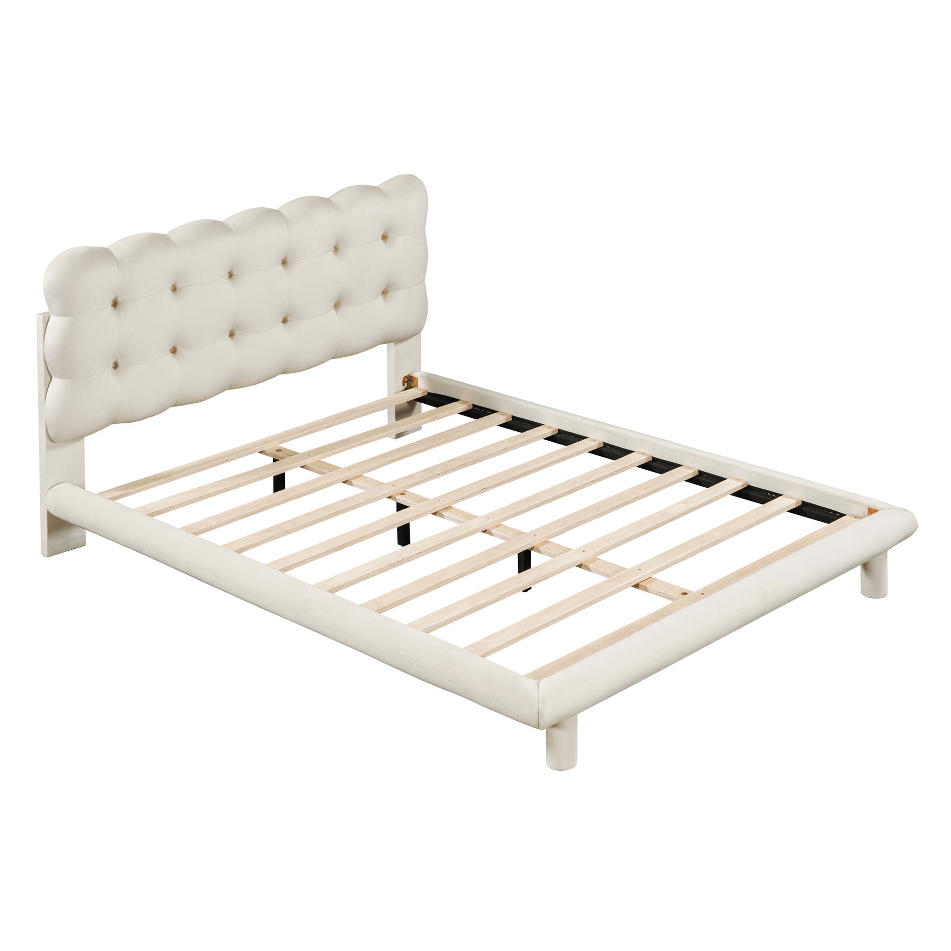 Full Size Velvet Platform Bed With Led Frame, Thick & Soft Fabric And Button Tufted Design Headboard, Beige Beige Velvet