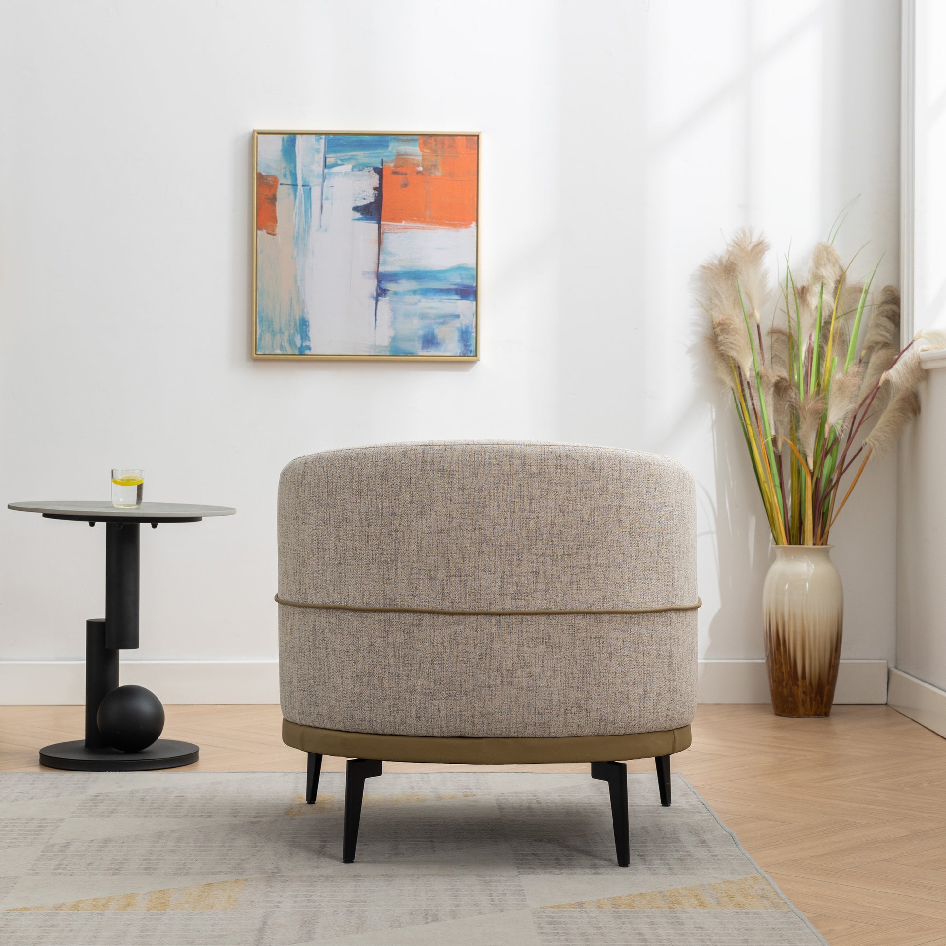 Modern Two Tone Barrel Fabric Chair, Upholstered Round Armchair For Living Room Bedroom Reading Room, Mustard Green Mustard Linen