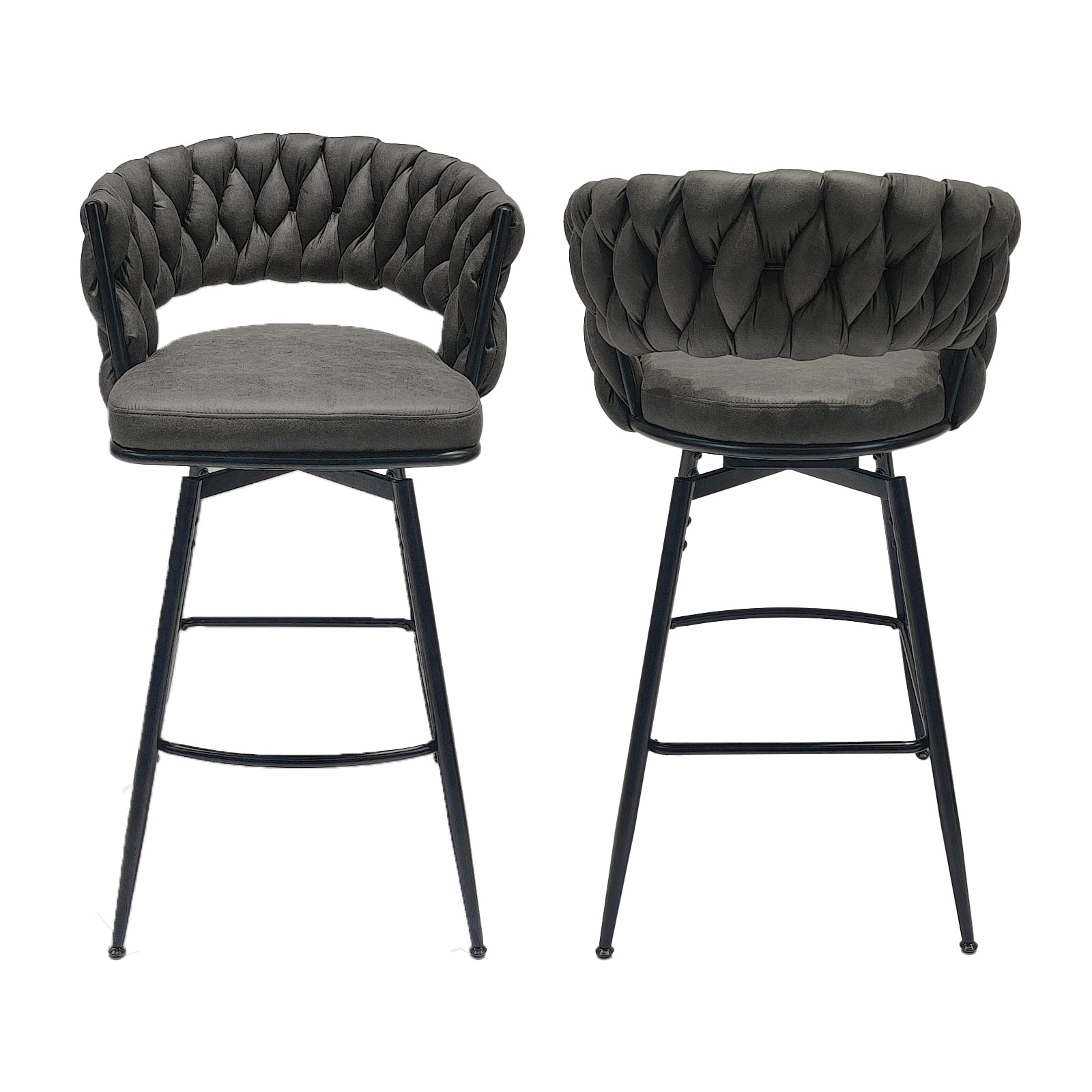 Technical Leather Woven Bar Stool Set Of 2,Black Legs Barstools No Adjustable Kitchen Island Chairs,360 Swivel Bar Stools Upholstered Counter Stool Arm Chairs With Back Footrest, Tan Tan Technical Leather