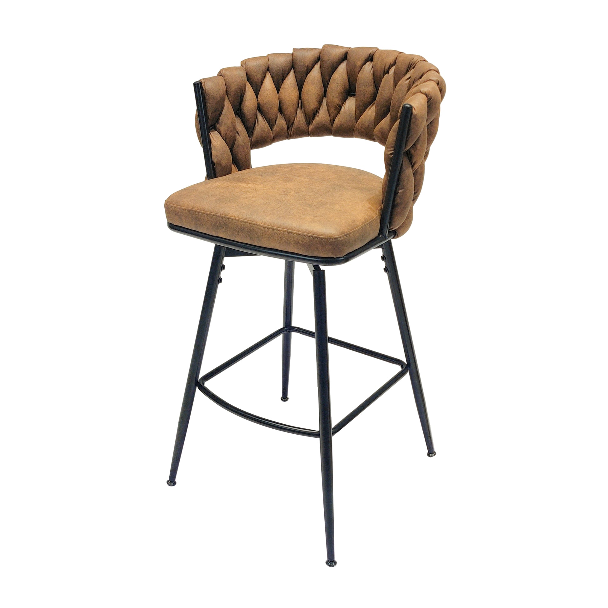 Technical Leather Woven Bar Stool Set Of 2,Black Legs Barstools No Adjustable Kitchen Island Chairs,360 Swivel Bar Stools Upholstered Bar Chair Counter Stool Arm Chairs With Back Footrest, Brown Brown Black Technical Leather