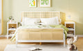 3 Pieces Rattan Platform Full Size Bed With 2 Nightstands,White White Rattan