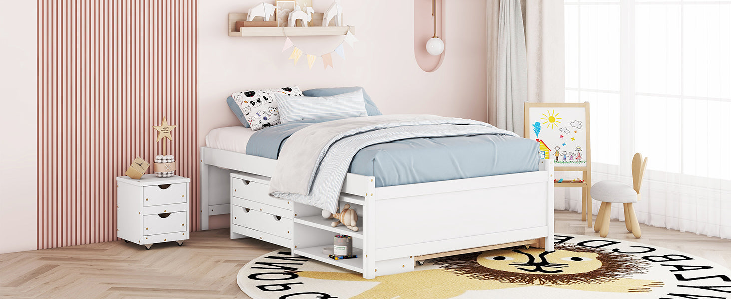 Versatile Full Bed With Trundle,Under Bed Storage Box And Nightstand .White Full White Pine