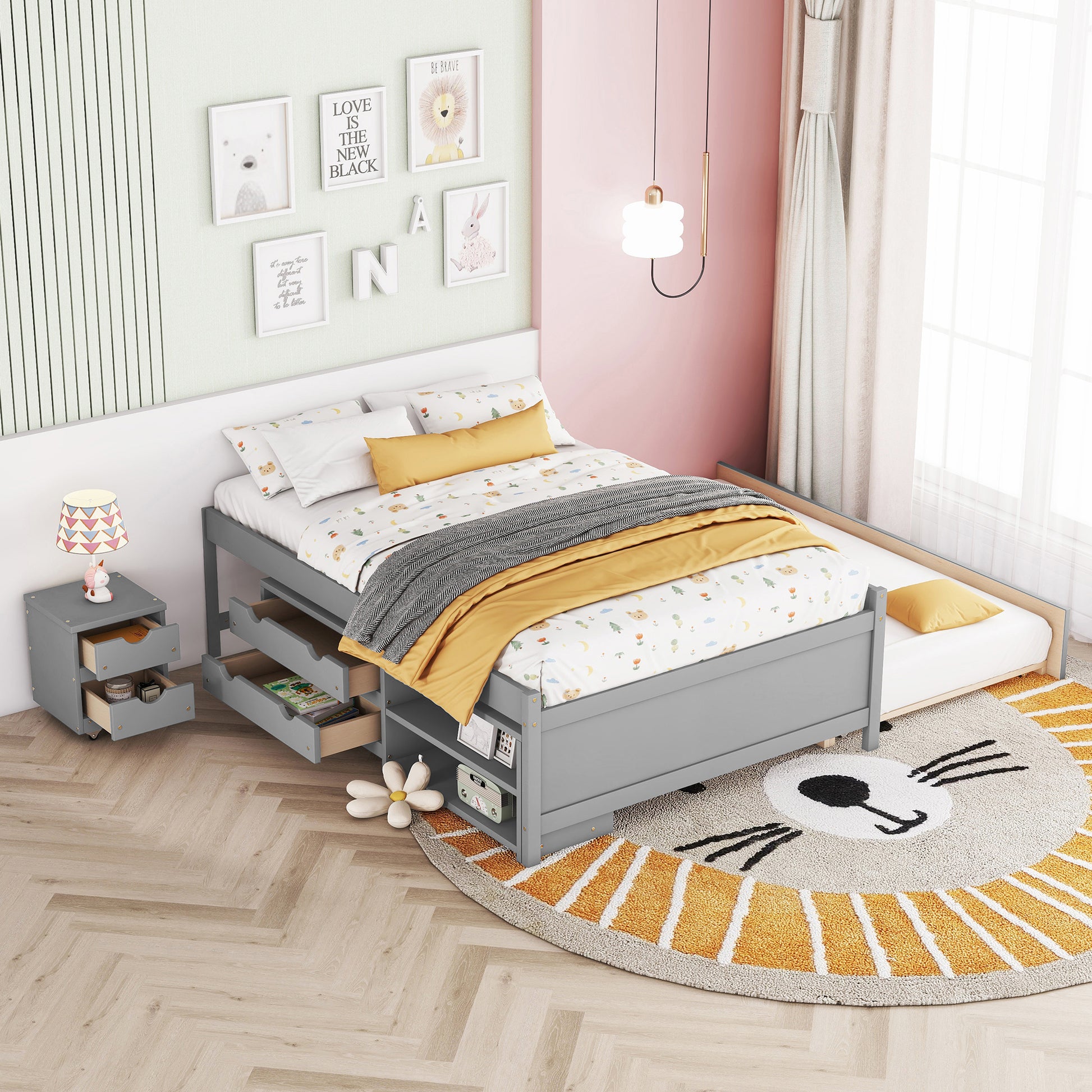 Versatile Full Bed With Trundle,Under Bed Storage Box And Nightstand .Grey Full Grey American Design Pine