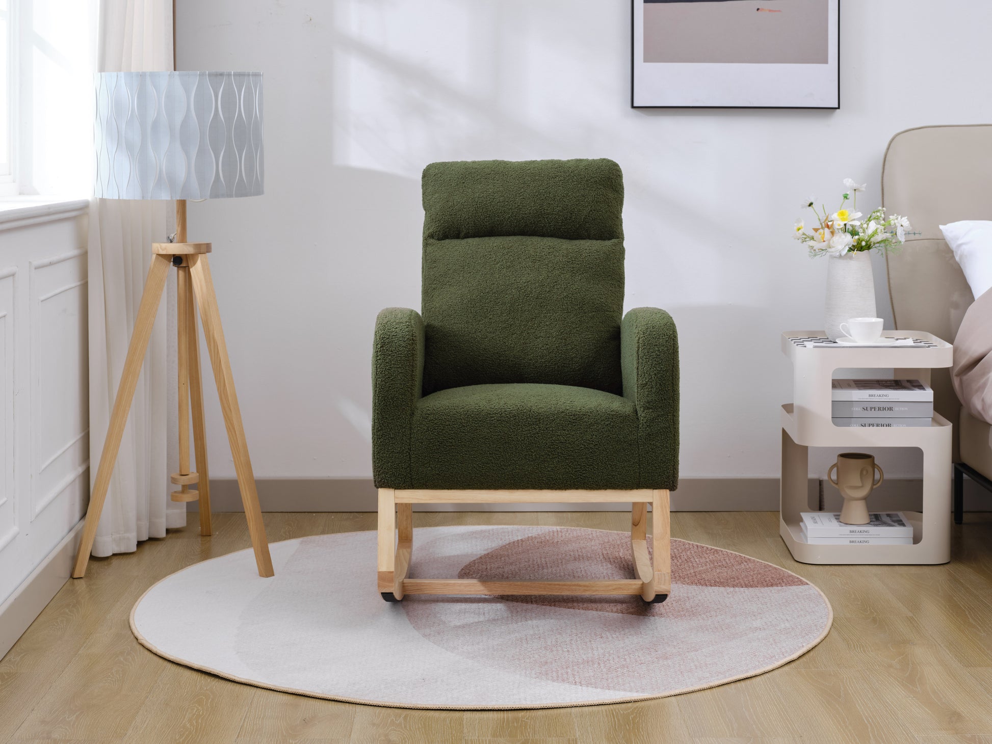 Modern Accent Rocking Chair Rocking Chair With Solid Wood Legs, Upholstered Nursery Glider Rocker, Comfy Armchair With Side Pocket, Living Room Lounge Arm Chair With High Backrest Dark Green,Teddy Dark Green White Primary Living Space Casual Foam Teddy