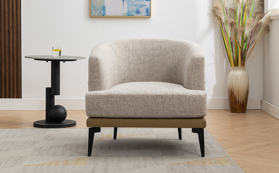 Modern Two Tone Barrel Fabric Chair, Upholstered Round Armchair For Living Room Bedroom Reading Room, Mustard Green Mustard Linen