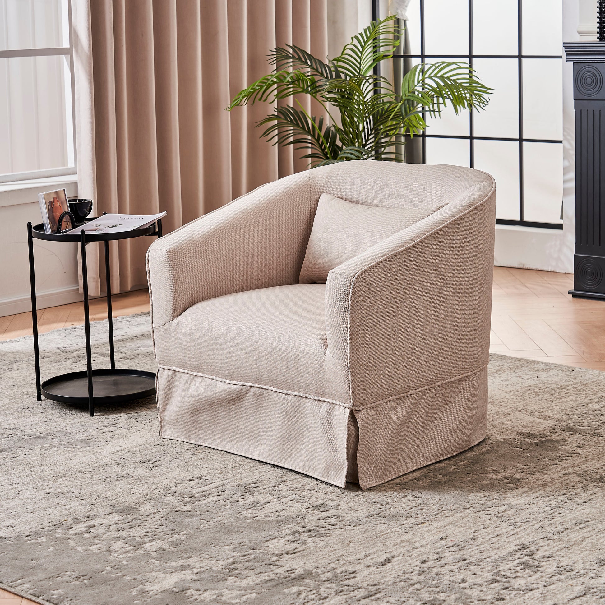Swivel Barrel Chair With Ottoman, Swivel Accent Chairs Armchair For Living Room, Reading Chairs For Bedroom Comfy, Round Barrel Chairs With Black Metal Base Beige Beige Primary Living Space Modern Linen