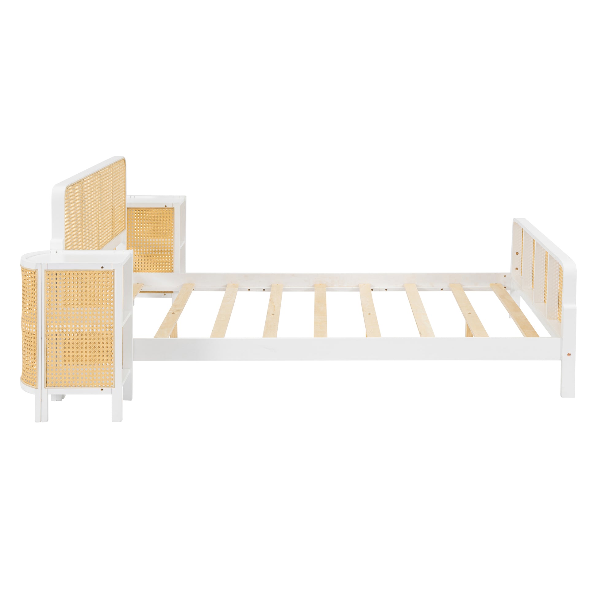 3 Pieces Rattan Platform Full Size Bed With 2 Nightstands,White White Rattan