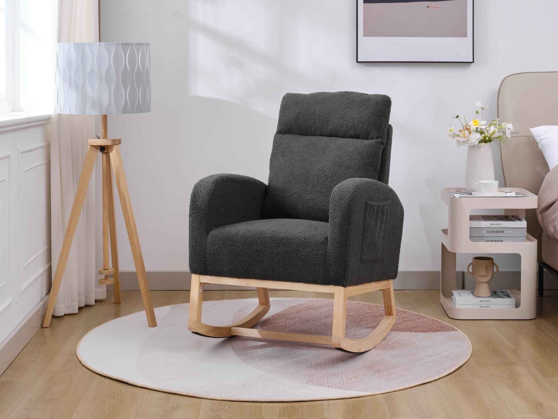 Modern Accent Rocking Chair Rocking Chair With Solid Wood Legs, Upholstered Nursery Glider Rocker, Comfy Armchair With Side Pocket, Living Room Lounge Arm Chair With High Backrest Dark Grey,Teddy Dark Grey White Primary Living Space Casual Foam Teddy