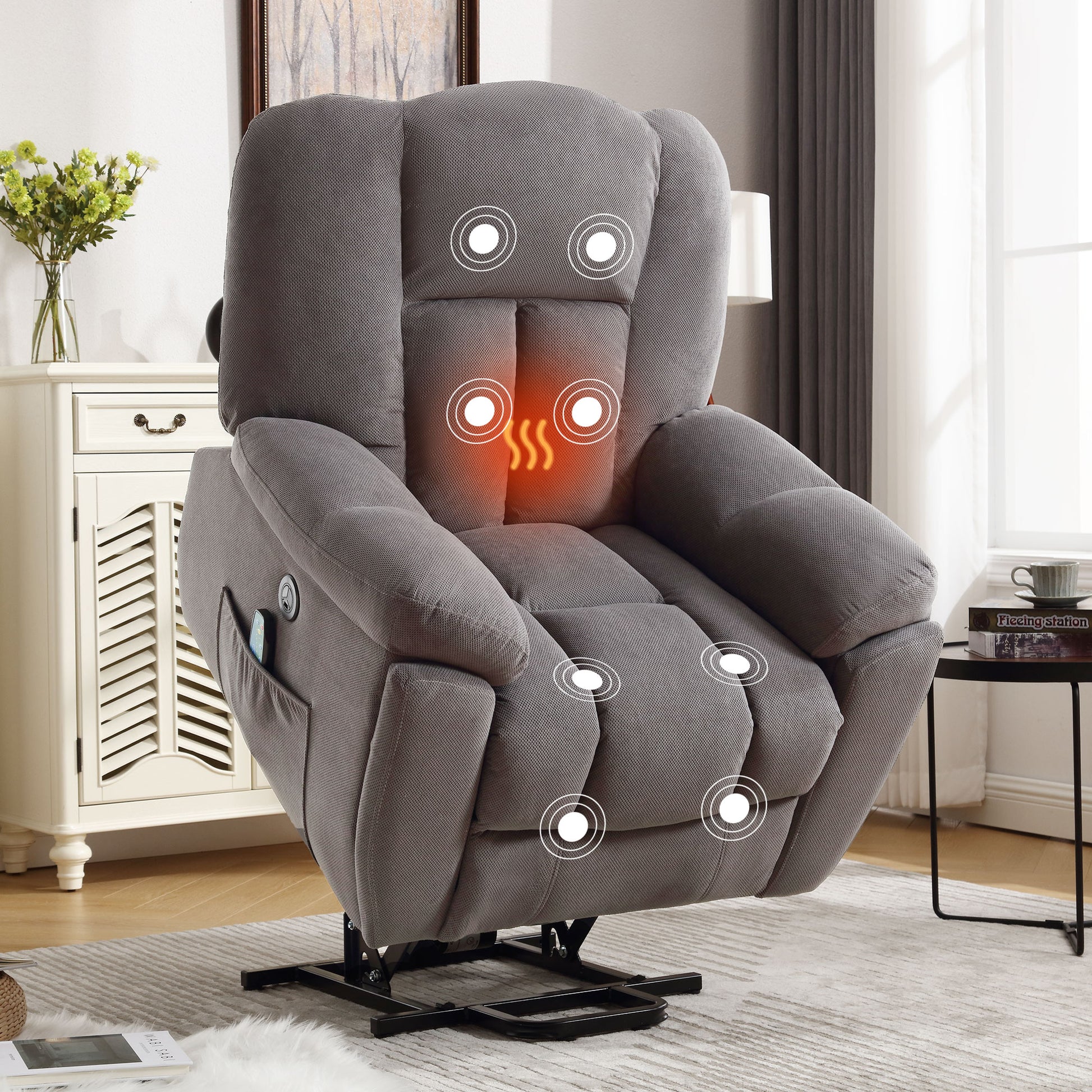 Power Lift Recliner Chair Recliners For Elderly With Heat And Massage Recliner Chair For Living Room With Infinite Position And Side Pocket,Usb Charge Port Grey Grey Soft Heavy Duty Cotton Wood Metal