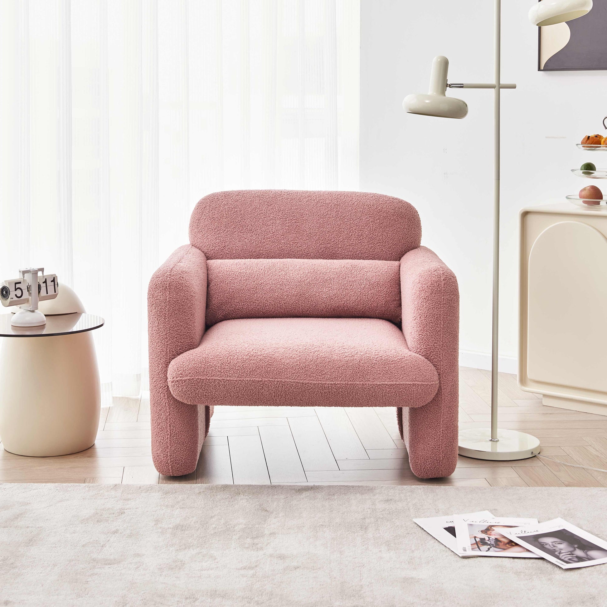 34"Lamb Fleece Fabric Sofa, Modern Single Sofa With Support Pillow For Apartment, Office, Living Room & Bedroom, Tool Free Assembly. Pink Pink Foam Sherpa