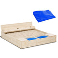 Kids Wooden Sandbox W Two Plastic Boxes Foldable Bench Seat Waterproof Cover Bottom Liner Storage Space Natural Wood