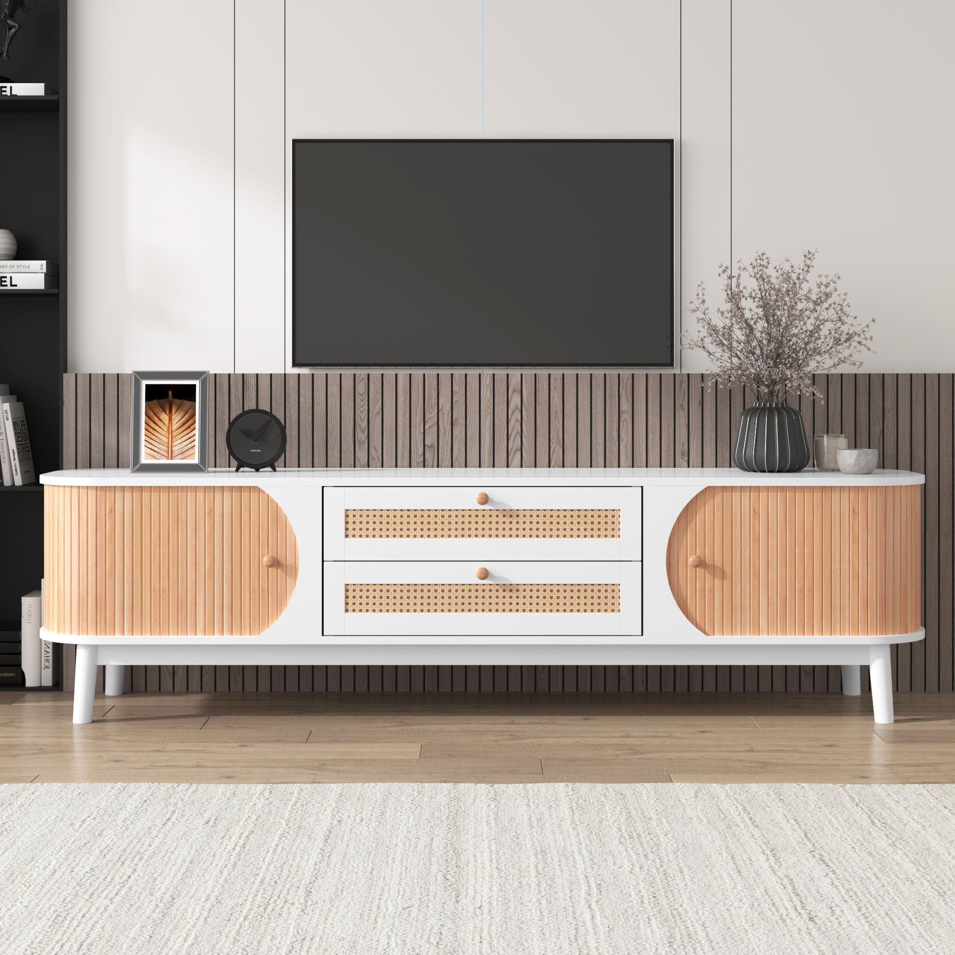 Rattan Tv Stand For Tvs Up To 75'', Modern Farmhouse Media Console, Entertainment Center With Solid Wood Legs, Tv Cabinet For Living Room,Home Theatre Natural White Primary Living Space 60 69 Inches Solid Wood Mdf