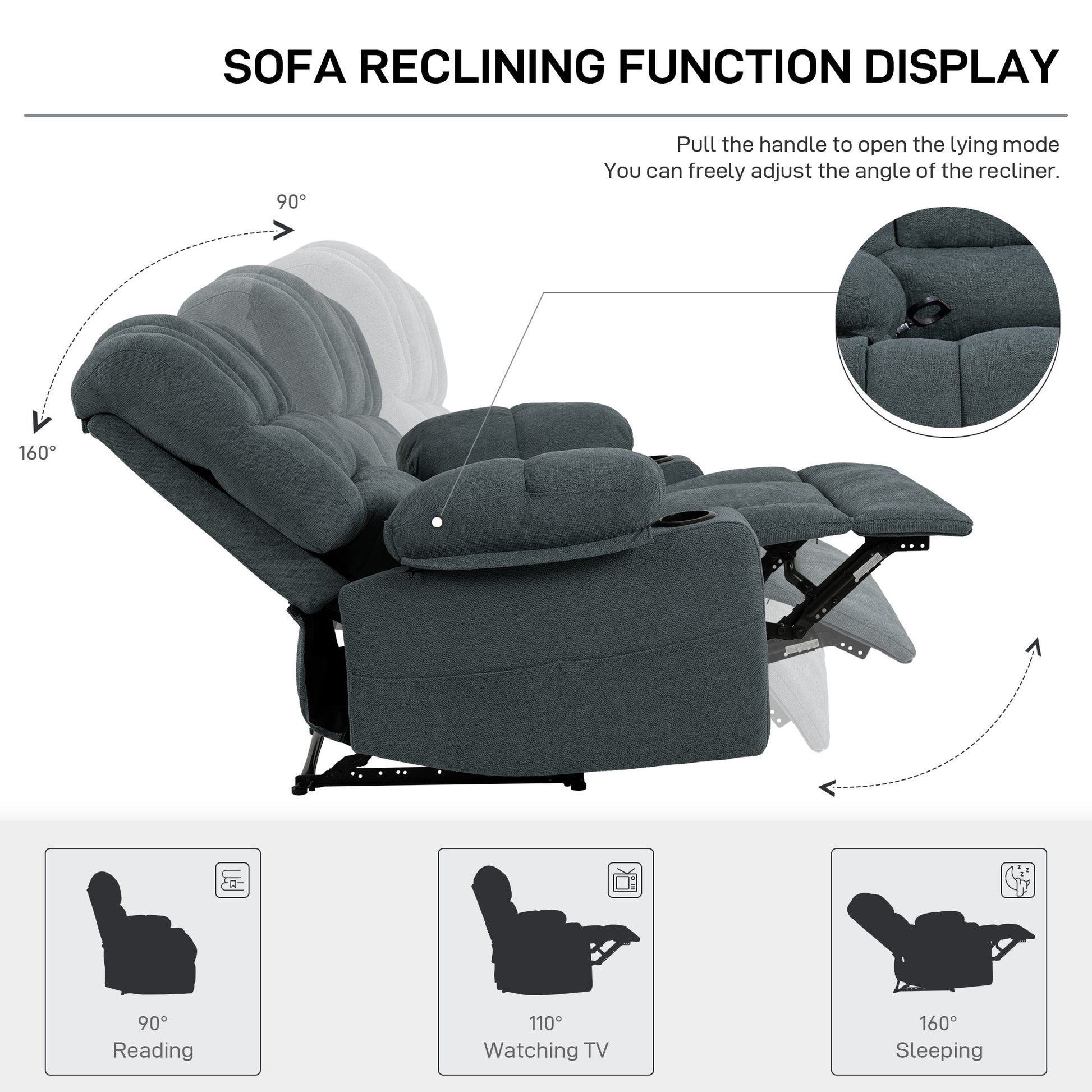 Massage Recliner Chair Sofa With Heating Vibration Grey Chenille Manual Handle Metal Primary Living Space Soft Cushion Back American Design,American Traditional,Classic,Minimalist,Modern Pillow Top