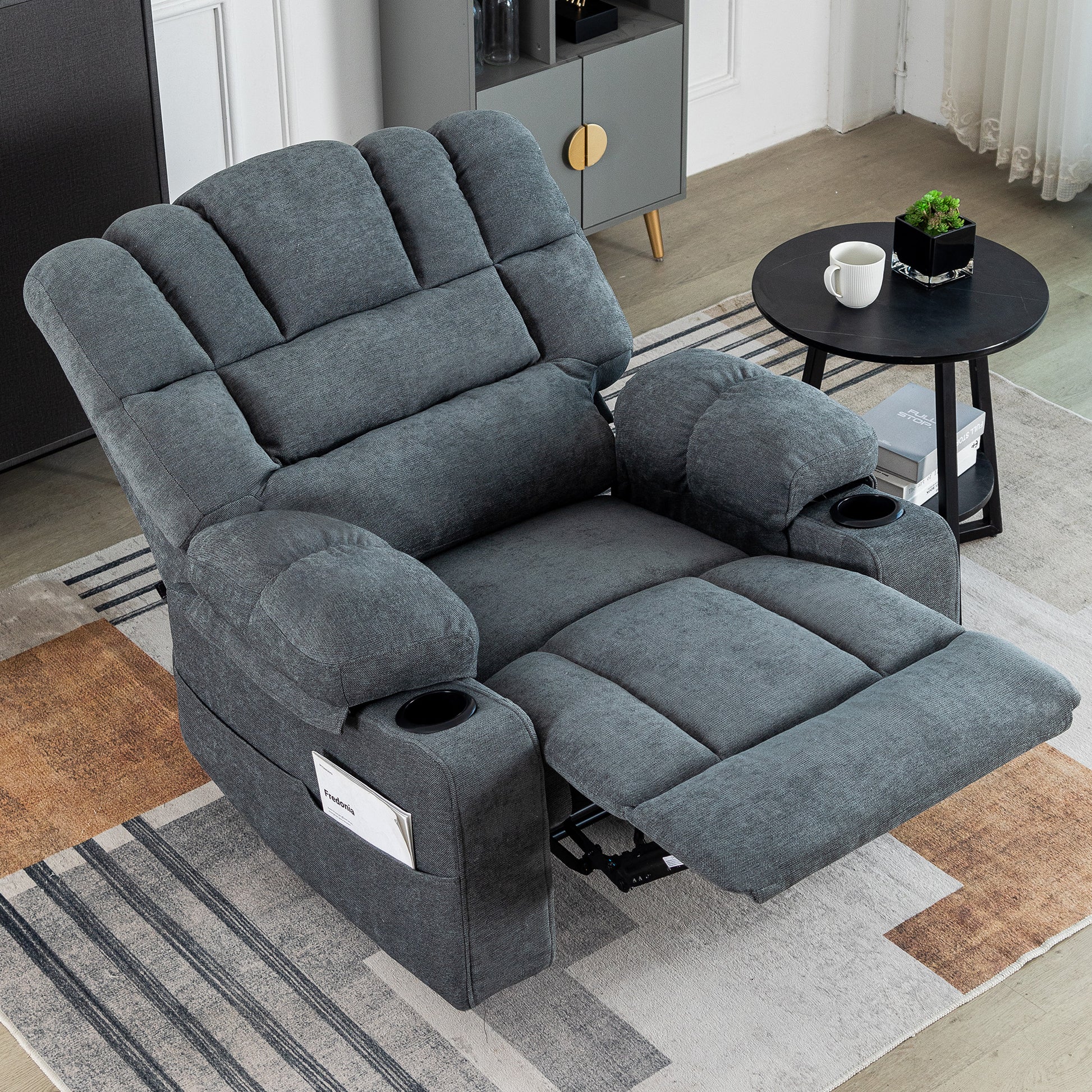 Massage Recliner Chair Sofa With Heating Vibration Grey Chenille Manual Handle Metal Primary Living Space Soft Cushion Back American Design,American Traditional,Classic,Minimalist,Modern Pillow Top