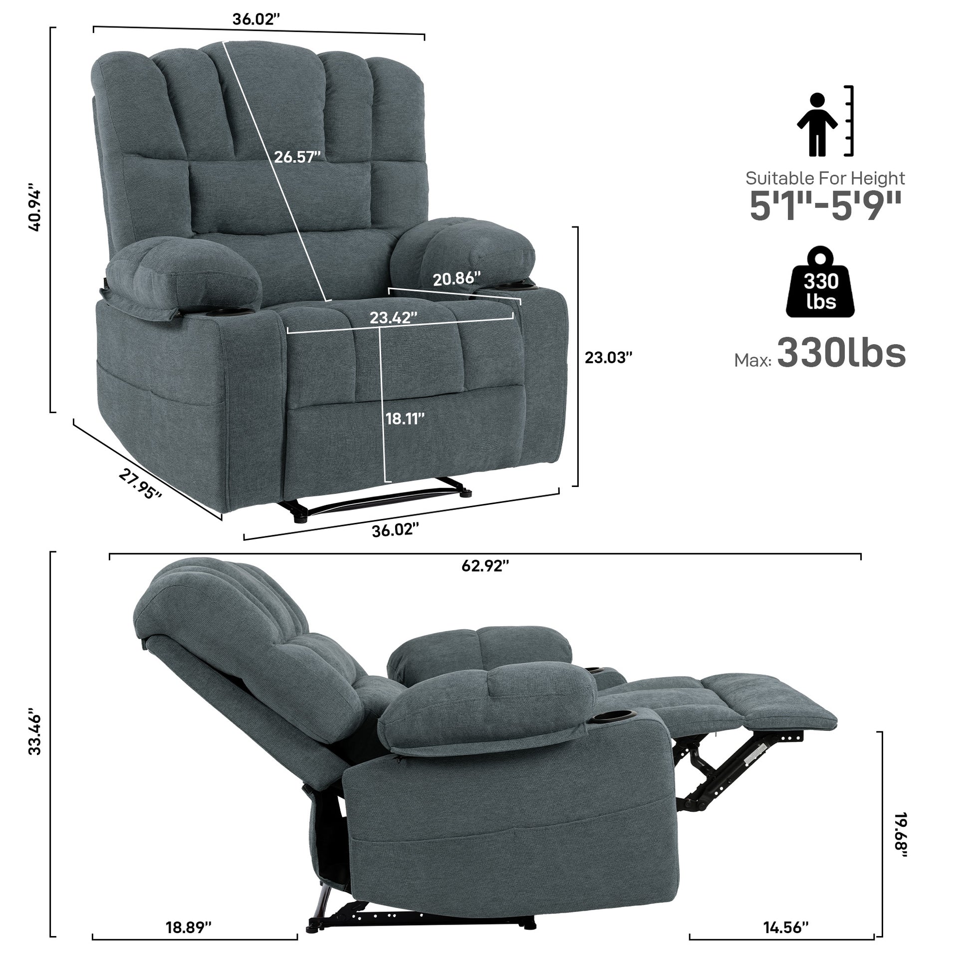 Massage Recliner Chair Sofa With Heating Vibration Grey Chenille Manual Handle Metal Primary Living Space Soft Cushion Back American Design,American Traditional,Classic,Minimalist,Modern Pillow Top