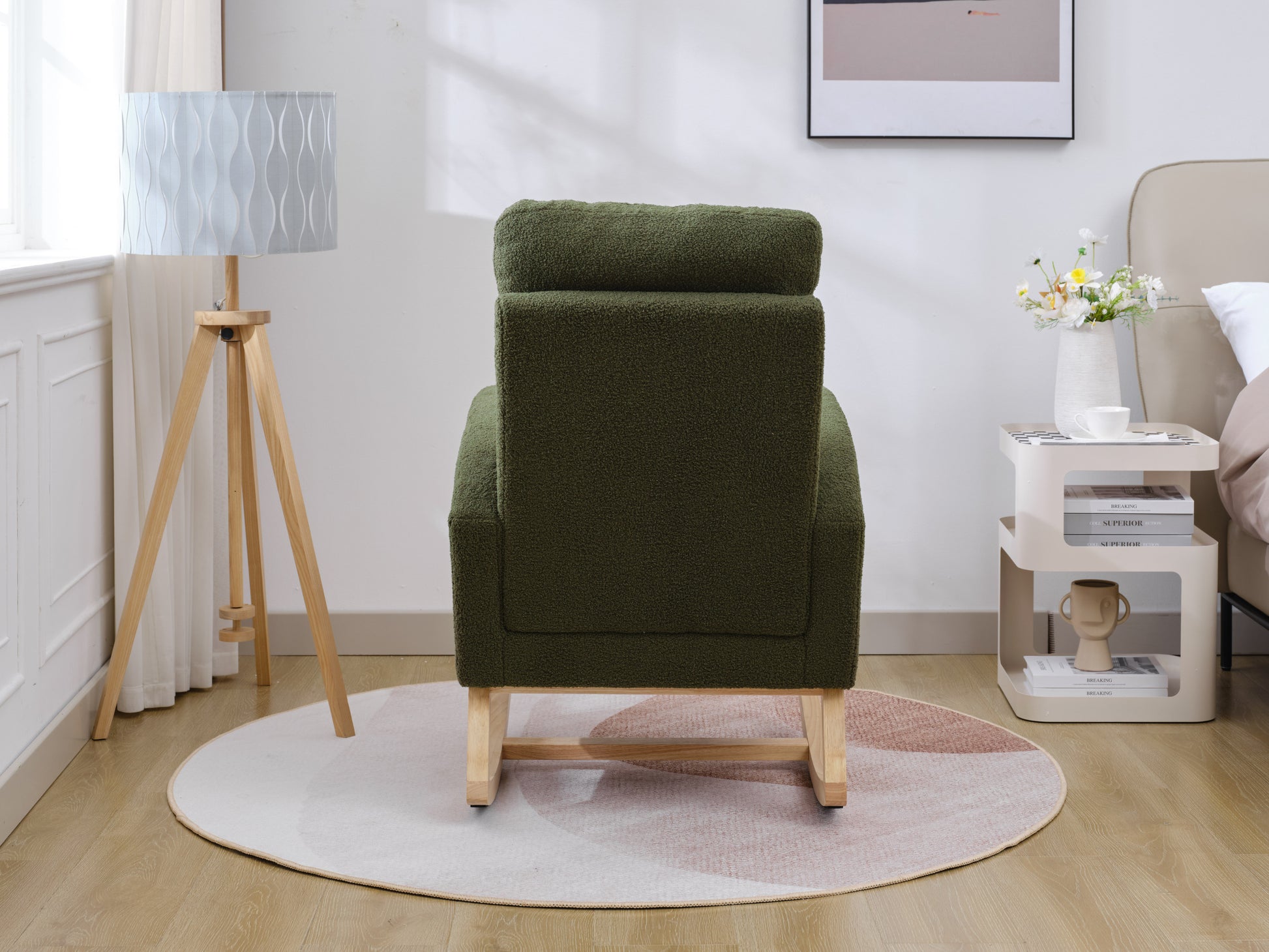 Modern Accent Rocking Chair Rocking Chair With Solid Wood Legs, Upholstered Nursery Glider Rocker, Comfy Armchair With Side Pocket, Living Room Lounge Arm Chair With High Backrest Dark Green,Teddy Dark Green White Primary Living Space Casual Foam Teddy