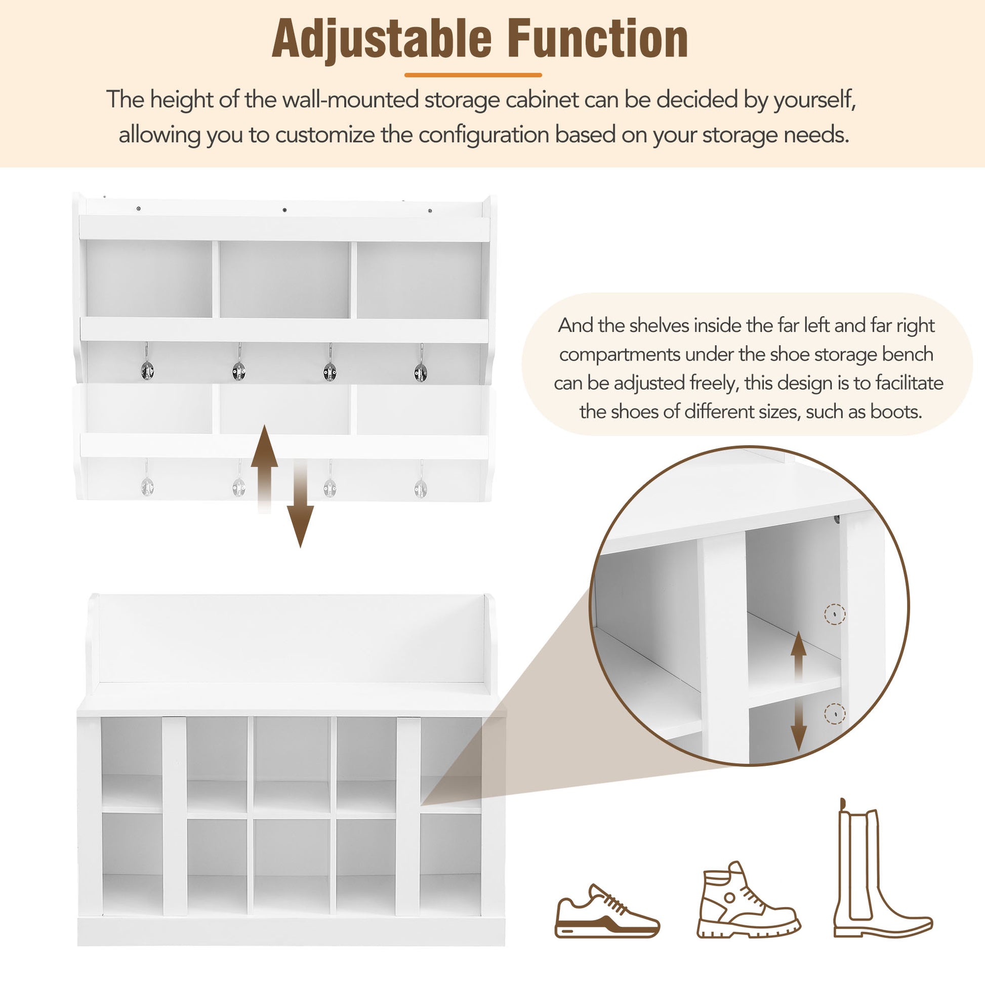 Shoe Storage Bench With Shelves And 4 Hooks, Elegant Hall Tree With Wall Mounted Coat Rack, Entryway Organizer For Hallway, Foyer, Mudroom, White White Primary Living Space Particle Board