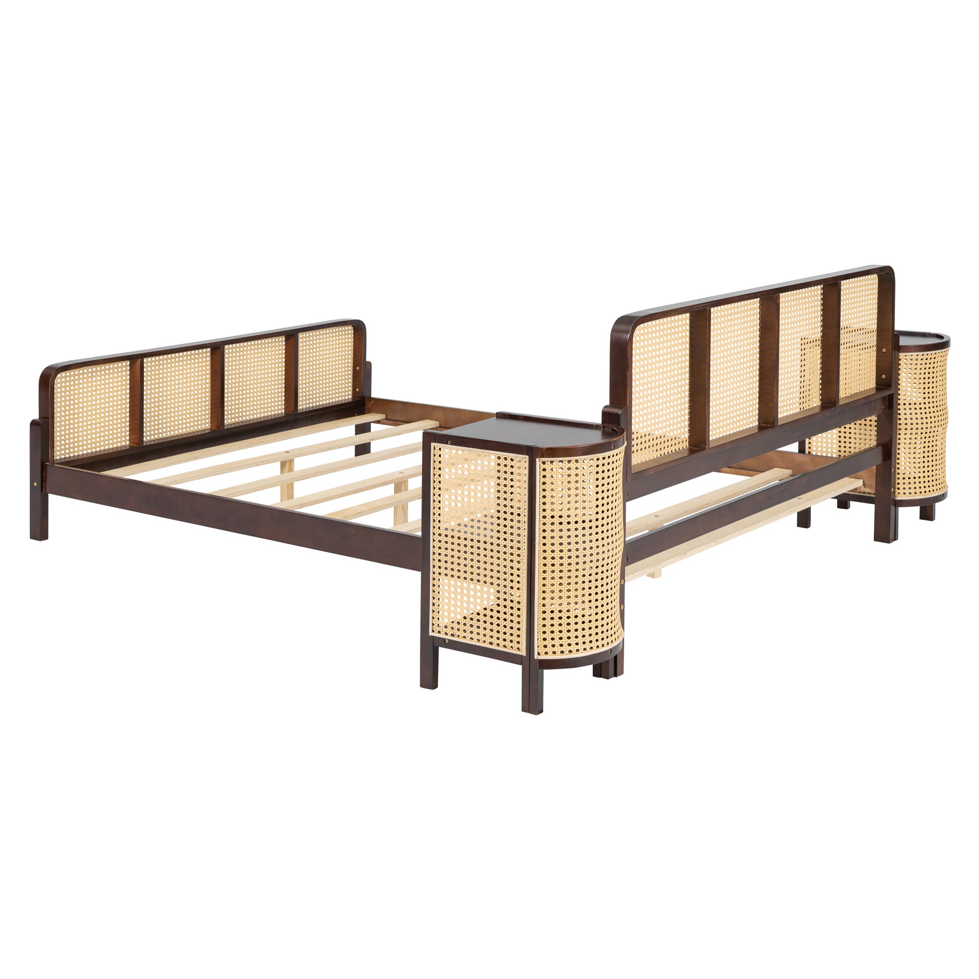 3 Pieces Rattan Platform Full Size Bed With 2 Nightstands,Walnut Walnut Rattan