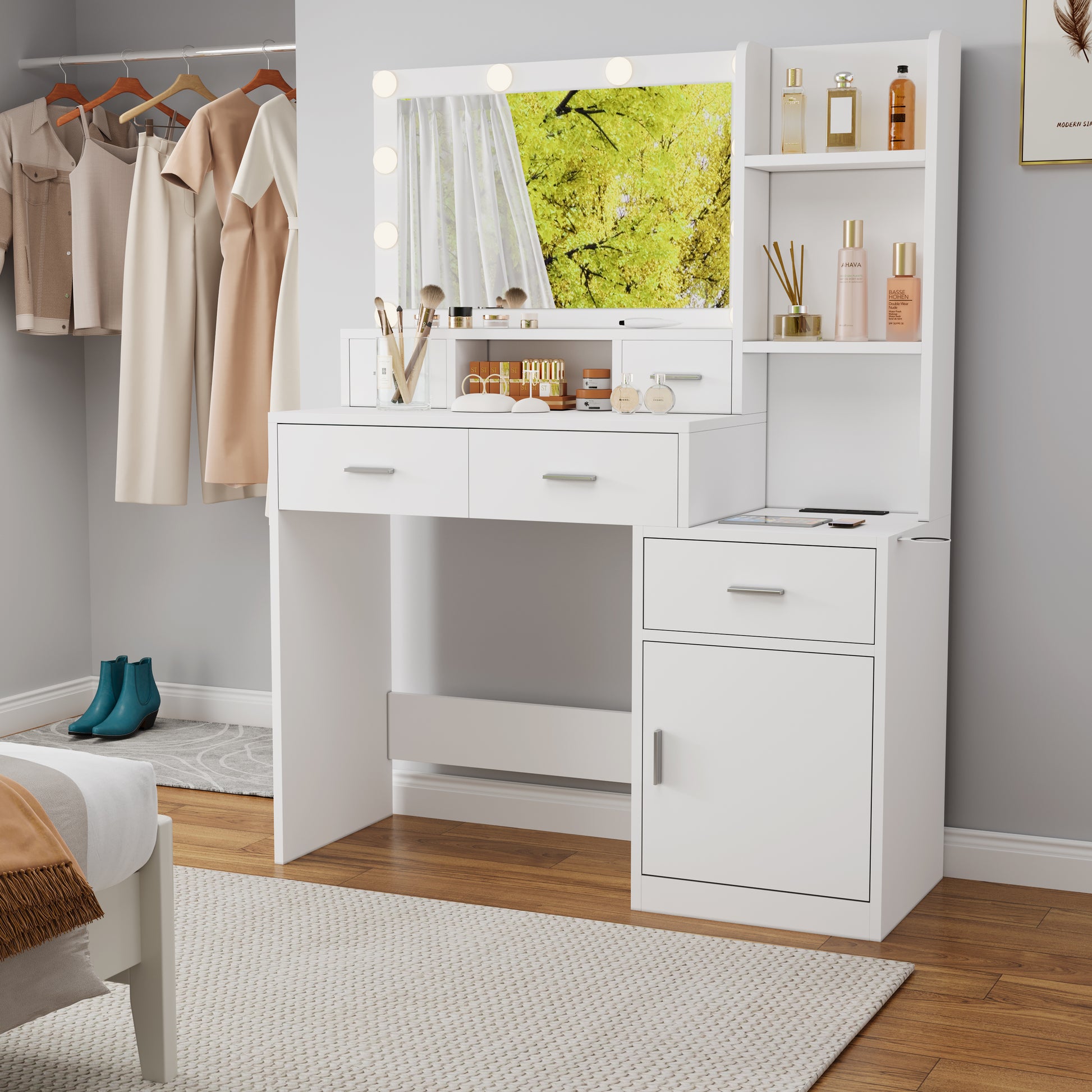 The White Vanity With A Mirror Is Equipped With A Hair Dryer Rack, While The Vanity In The Bedroom And Dressing Room Comes With A Dressing Pad Hinged White Drawer 3 Drawers Bedroom American