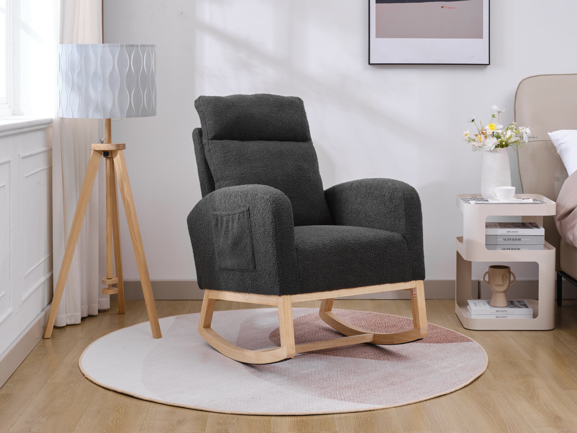 Modern Accent Rocking Chair Rocking Chair With Solid Wood Legs, Upholstered Nursery Glider Rocker, Comfy Armchair With Side Pocket, Living Room Lounge Arm Chair With High Backrest Dark Grey,Teddy Dark Grey White Primary Living Space Casual Foam Teddy