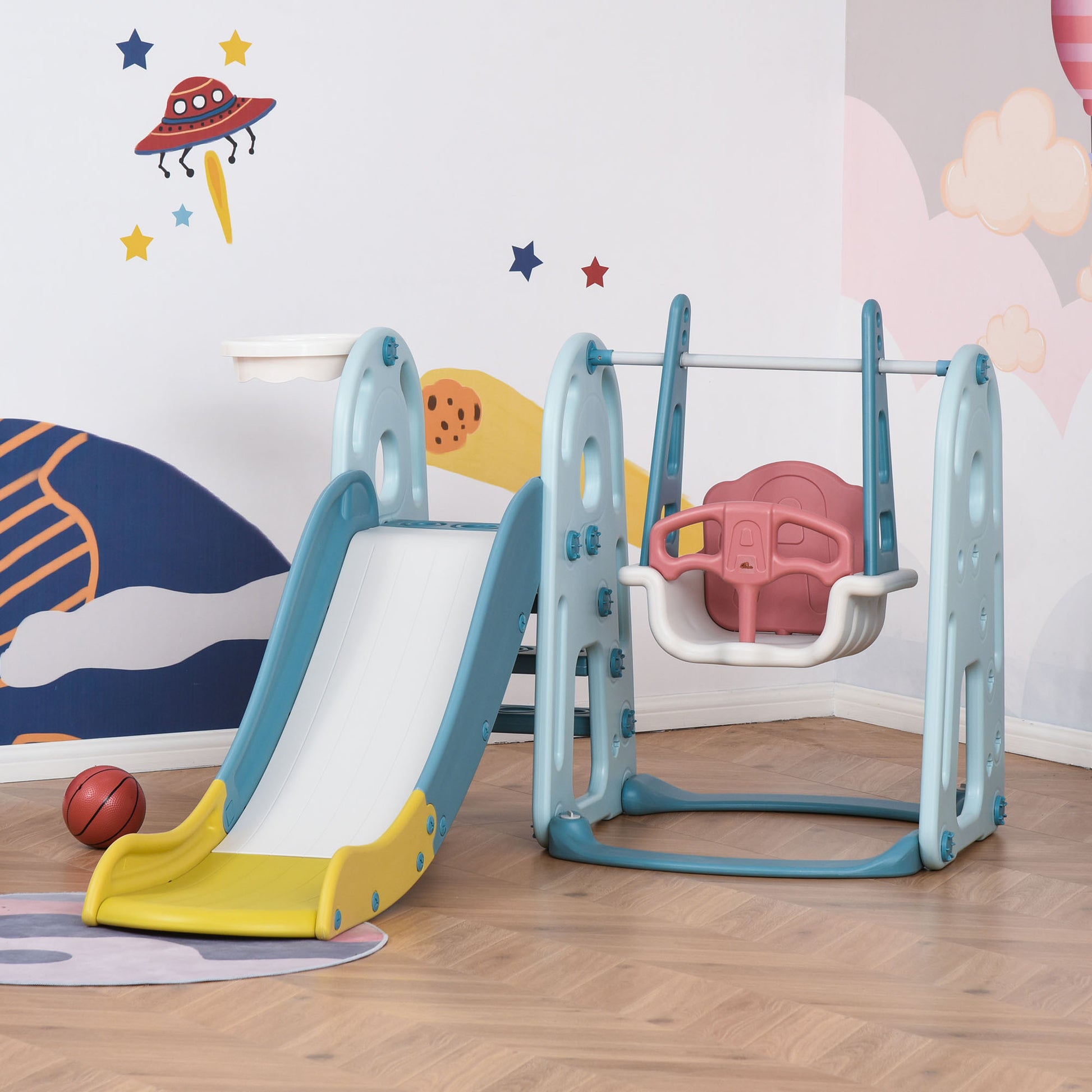 4 In 1 Toddler Slide And Swing Set With Adjustable Seat Height And Basketball Hoop, Freestanding Kids Climber Slide Playset With Basket Ball For Indoor Outdoor Playground Aged 18 60 Months Multicolor Hdpe