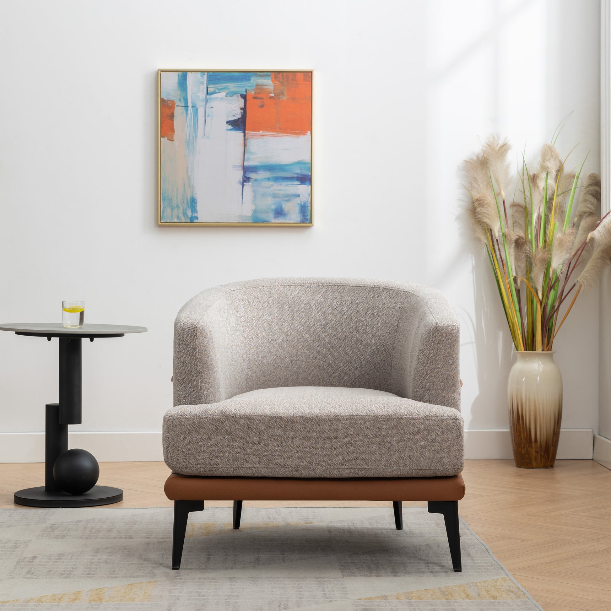 Modern Two Tone Barrel Fabric Chair, Upholstered Round Armchair For Living Room Bedroom Reading Room, Burnt Orange Burnt Orange Linen