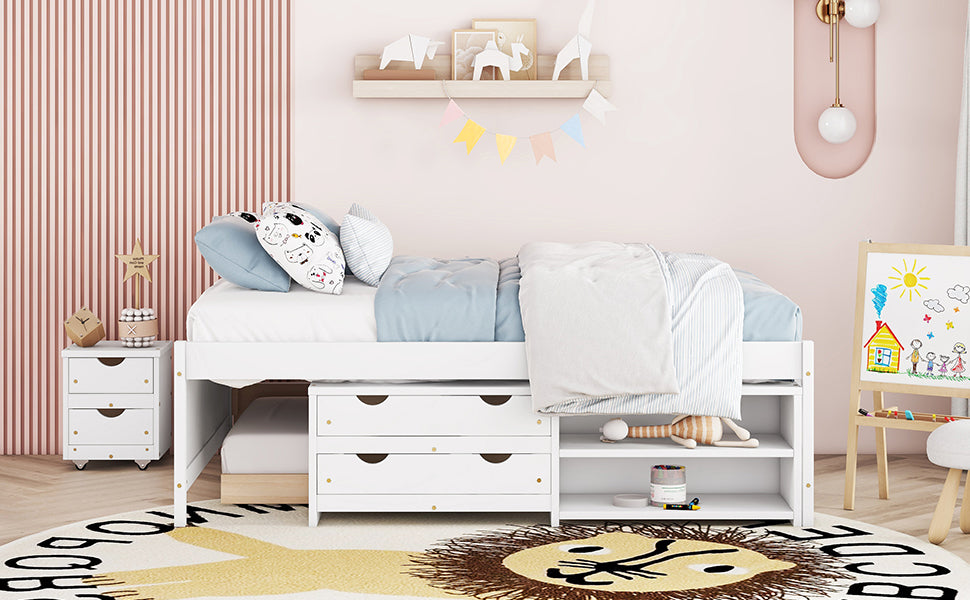 Versatile Full Bed With Trundle,Under Bed Storage Box And Nightstand .White Full White Pine