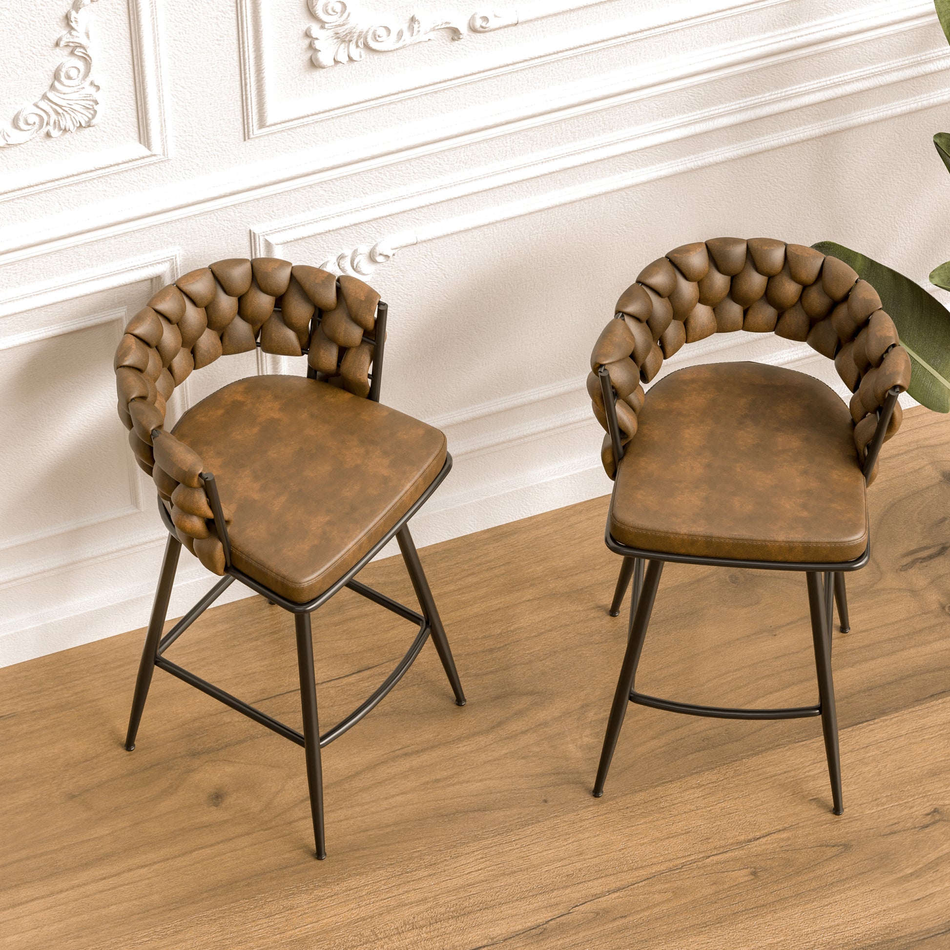 Technical Leather Woven Bar Stool Set Of 2,Black Legs Barstools No Adjustable Kitchen Island Chairs,360 Swivel Bar Stools Upholstered Bar Chair Counter Stool Arm Chairs With Back Footrest, Brown Brown Black Technical Leather