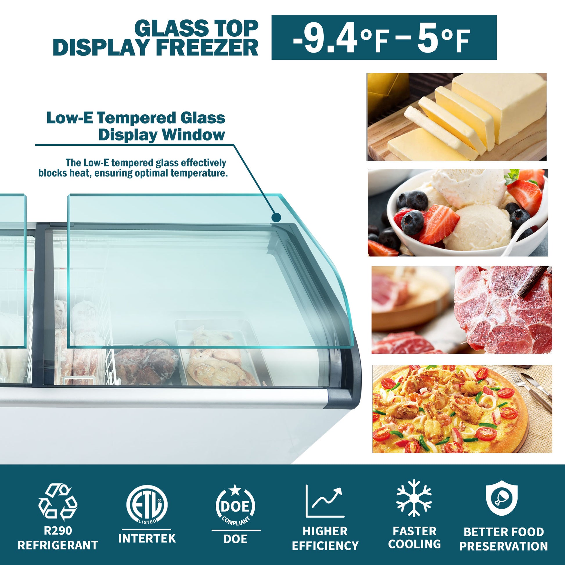 Orikool Curved Top Display Freezer 19.3 Cu.Ft Sliding Glass Lid Ice Cream Freezers Commercial Mobile Chest Freezer With Led Lighting White Steel