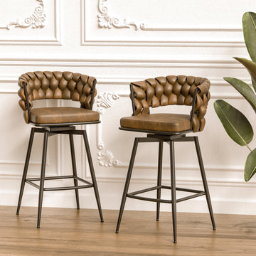 Technical Leather Woven Bar Stool Set Of 2,Black Legs Barstools No Adjustable Kitchen Island Chairs,360 Swivel Bar Stools Upholstered Bar Chair Counter Stool Arm Chairs With Back Footrest, Brown Brown Black Technical Leather