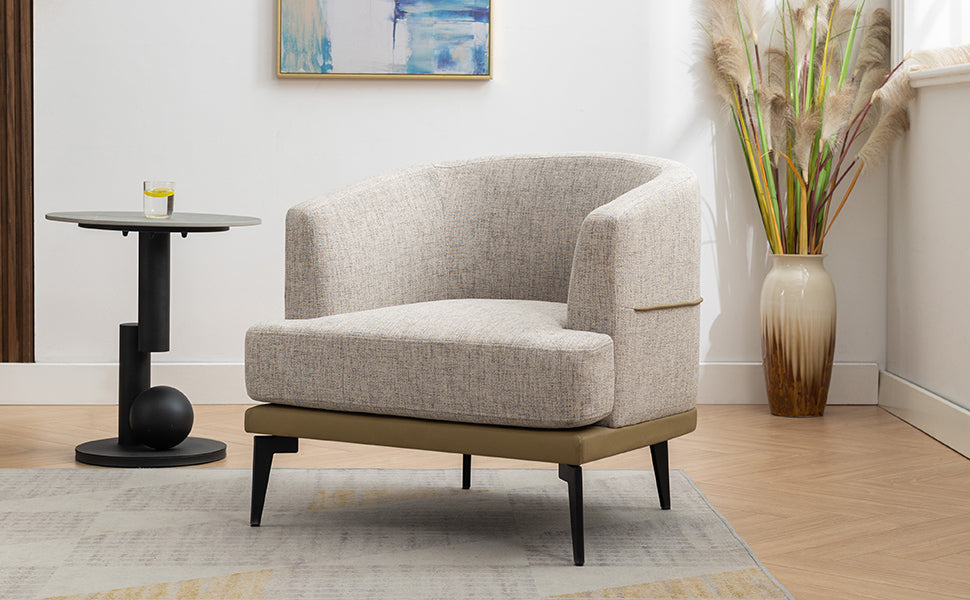 Modern Two Tone Barrel Fabric Chair, Upholstered Round Armchair For Living Room Bedroom Reading Room, Mustard Green Mustard Linen