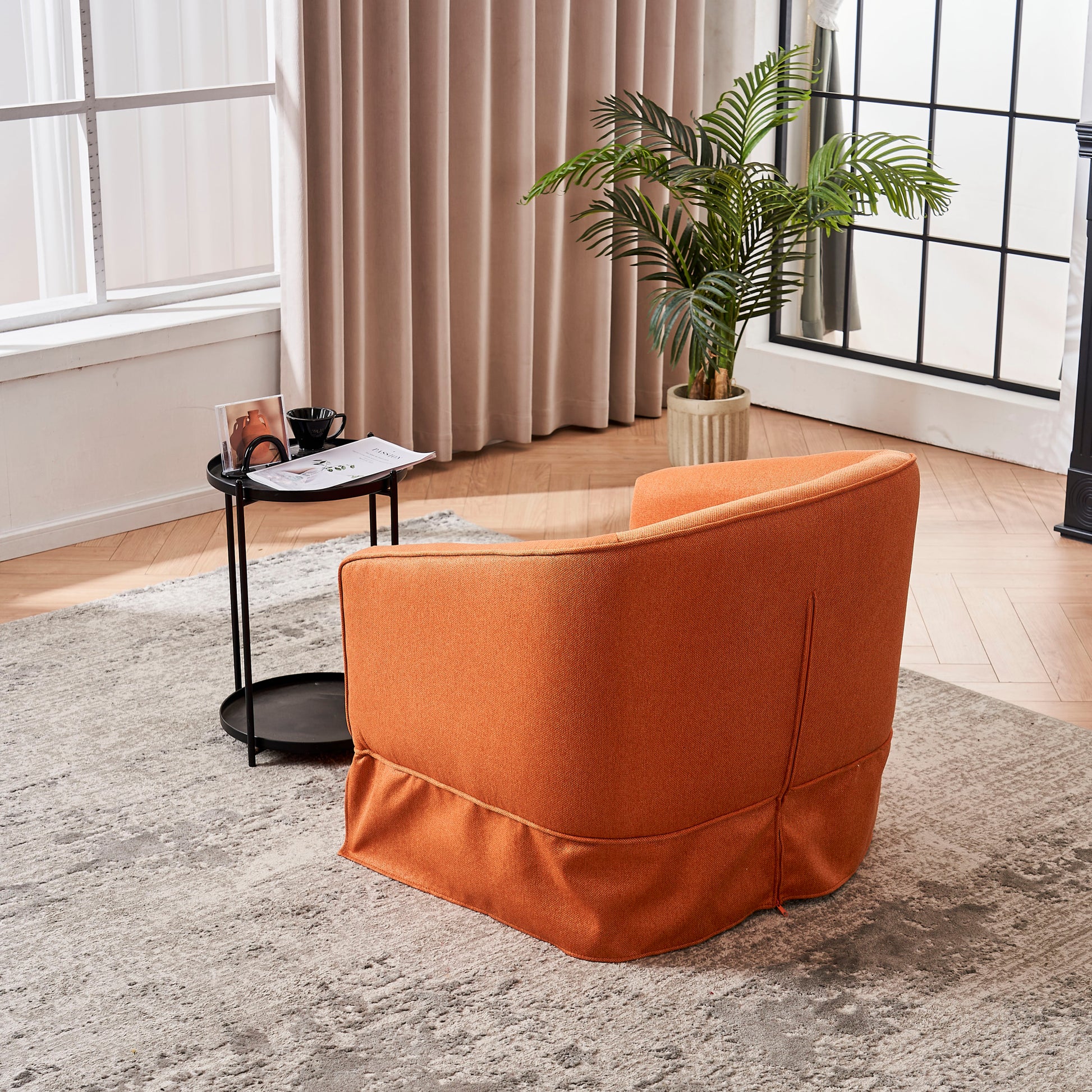 Swivel Barrel Chair With Ottoman, Swivel Accent Chairs Armchair For Living Room, Reading Chairs For Bedroom Comfy, Round Barrel Chairs With Black Metal Base Orange Orange Primary Living Space Modern Linen
