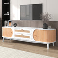 Rattan Tv Stand For Tvs Up To 75'', Modern Farmhouse Media Console, Entertainment Center With Solid Wood Legs, Tv Cabinet For Living Room,Home Theatre Natural White Primary Living Space 60 69 Inches Solid Wood Mdf