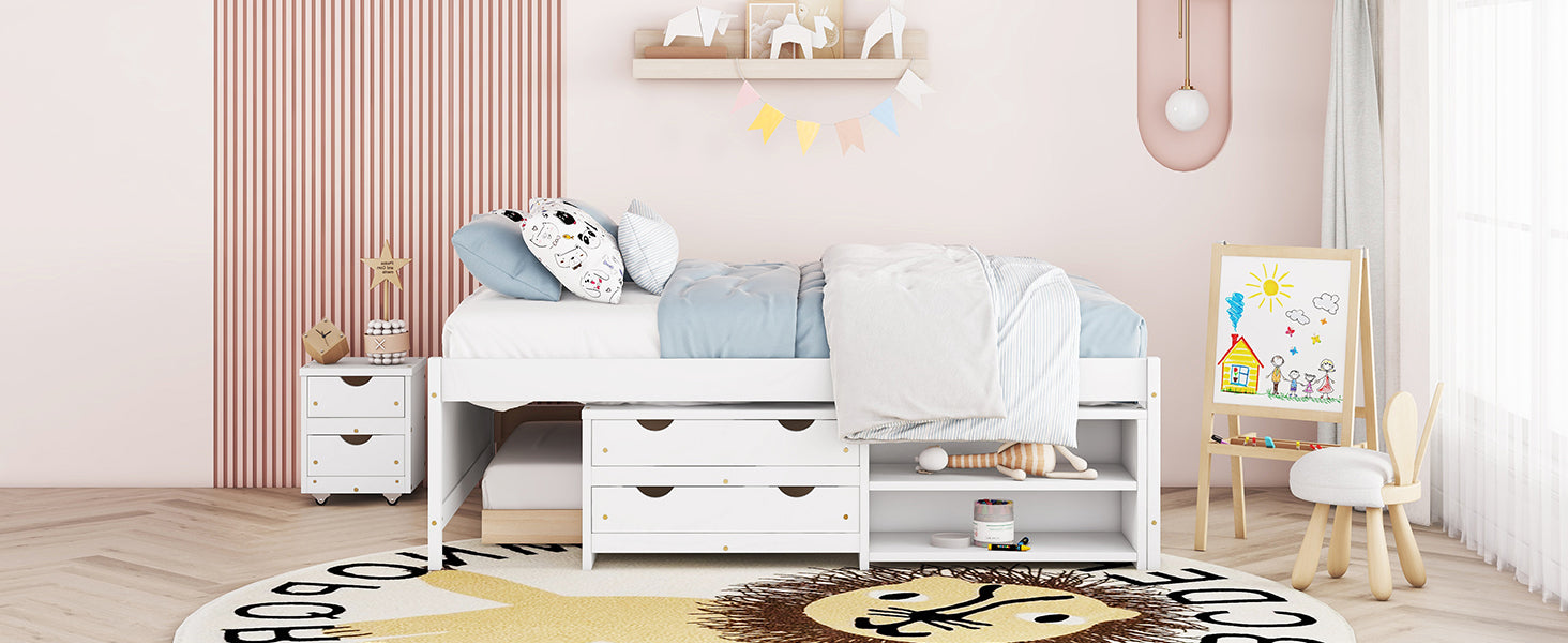 Versatile Full Bed With Trundle,Under Bed Storage Box And Nightstand .White Full White Pine